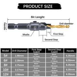 5 Piece Countersink Drill Set, HSS Countersunk Drill Set, Pre-Drill Chamfer Cutter with Hex Key, Pre-Drilling and Countersinking in One Step, Adjustable Depth (#5, #6, #8, #10, #12)