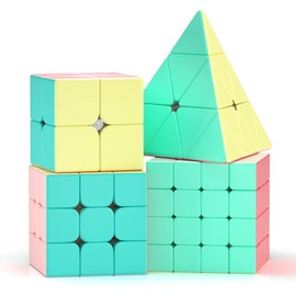 ROXENDA Speed Cube Set, 2X2 3X3 4X4 Pyramid Cube Stickerless Fast Cube with Instruction [4 Pack] (Macaron Cube Set)