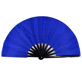 Amajiji Large Folding Hand Rave Fan for Women/Men, Chinease/Japanese Bamboo and Nylon-Cloth Folding Hand Fan for Performance, Festival, Events, Gift, Craft, Dance, Decorations (Blue)