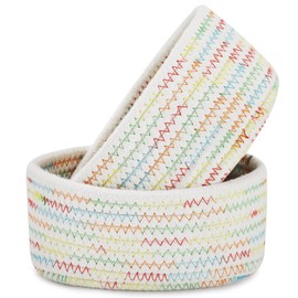 【2 Pack】ABenkle Small Woven Baskets, Tiny Oval Shallow Storage Baskets, Mini Cotton Rope Empty Decorative Basket, Boho Little Organizer Bins for Nursery Room Kids Baby Dog Toy Gifts