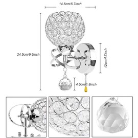 Ygapuzi Modern Crystal Wall Light Flush Mount Wall Sconces Lamp Chrome Finish Bedside Lighting Fixture with E14 Socket, for Living Room Bathroom Bedroom and Hallway (Pull Switch)