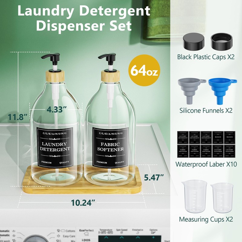 Moforoco Liquid Laundry Detergent Dispenser with Bamboo Tray, 2 Pack