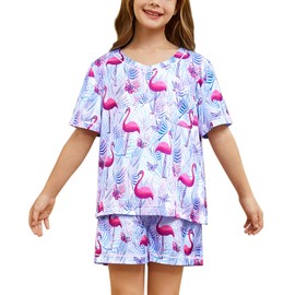 Jxstar Unisex Silk Satin Pajamas Set Boys Girls Summer V-neck Pull-on Pjs Short Sleeve 2 Piece Sleepwear，10-11Y