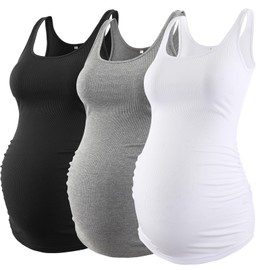 Ecavus 3 Pack Maternity Tank Tops Ribbed Ruched Side Stretchy Comfortable Sleeveless Pregnancy Shirts