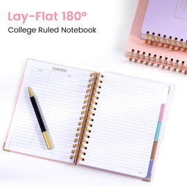 Hardcover Spiral Notebook with Tabs 6.1"x8.3" Small Spiral Lined Journals for Women Men with Dividers 220 Pages College Ruled Composition Notebook 5 Subject Notebook for Work School Gifts, Pink