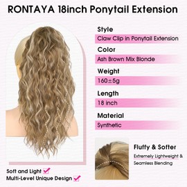 RONTAYA Ponytail Extension, 18 Inch Multi Layered Fluffy Thick Wavy Curly Clip in Hair Extensions Ponytail Soft Wave Synthetic Hairpiece Medium Brown Ash Blonde Highlights