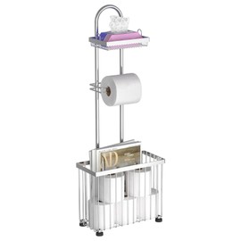 Freestanding Toilet Paper Holder Toilet Tissue Rack Scroll Stand Roll Dispenser with Storage Shelf Reserve for Phone Tablet Magazine Bathroom Organizer Bath Tissue Organizer (Silver)