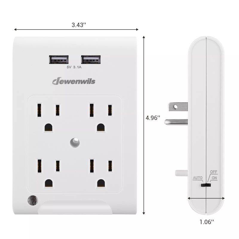 DEWENWILS 4-Outlet Wall Outlet Adapter with 2 USB and Light