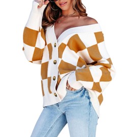 Dokotoo 2024 Fashion Cardigan Sweaters for Women V Neck Button Up Long Sleeve Plaid Cable Knit Sweater Casual Loose Flowy Checkered Fall Womens Cardigans Ladies Outerwear Brown M
