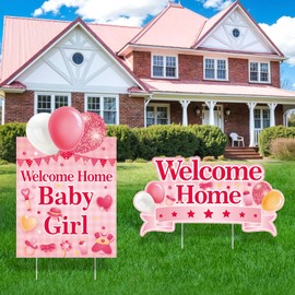 2PCS Welcome Home Baby Girl Yard Sign Decorations, Pink Baby Shower Yard Signs with Stakes It’s a Girl Lawn Sign for Welcome Newborn Gender Reveal Party Yard Garden Outdoor Decor