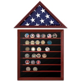 CroBlissful Military Challenge Coin Display Case Holder with Glass and Wall Mount, Wood Flag Display Case Fit Folded 3'x5', American Veterans Memorial Cabinet with Removable 2 Groove Shelves