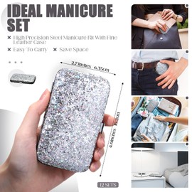 Geosar 12 Set 8 in 1 Manicure Set Stainless Steel Nail Clippers Kit Pedicure Care Tools with Leather Case Travel Grooming Kit Gift for Father's Day(Glitter Silver)