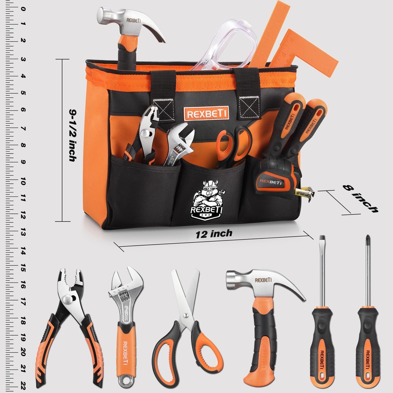 REXBETI 10-Piece Kids Tool Set with Real Hand Tools, Orange