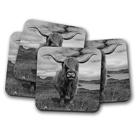 4 Set - Scottish Highland Cows Coaster - Wild Cattle Horns Animals #15728