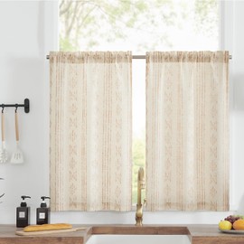 TOPICK Boho Linen Blend Kitchen Curtains 45 Inch Drop Small Cafe Curtains Light Filtering Tier Curtain for Bathroom RV Bedroom Baset Sink Cupboard Rod Pocket Taupe on Beige 2 Panels