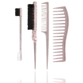 4 PCS Hair Styling Comb Set, Double Sided Edges Brush, Teasing Hair Brush Rat Tail Comb, Combs for Women, Edge Control, Plastic Bristle, for Home, Hairdressers, Translucent Pink Silver