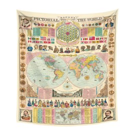 Retro Map of the World (Orbis Terrarum) by Petrus Plancius 1594 | Bacon's Pictorial View of the World Tapestry Wall Hanging, Vintage Historical Maps Tapestries for Bedroom College Dorm Home Decor
