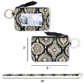WONDERFUL FLOWER Lanyard Wallet for Women, ID Card Holder, Lanyards for ID Badges, Floral Zip ID Case Keychain Small Coin Purse for Cards, Cash, Work, Travel, Cruise, Teachers, Students, Kids, Black