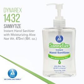 Dynarex SannyTize Hand Sanitizer Gel – 16 oz. Square Bottle w/Pump, Infused with Aloe Vera & Eliminates 99% of Common Germs, Clear, 1 Box of 12 SannyTize Hand Sanitizer 16 oz. Square Bottles w/Pump
