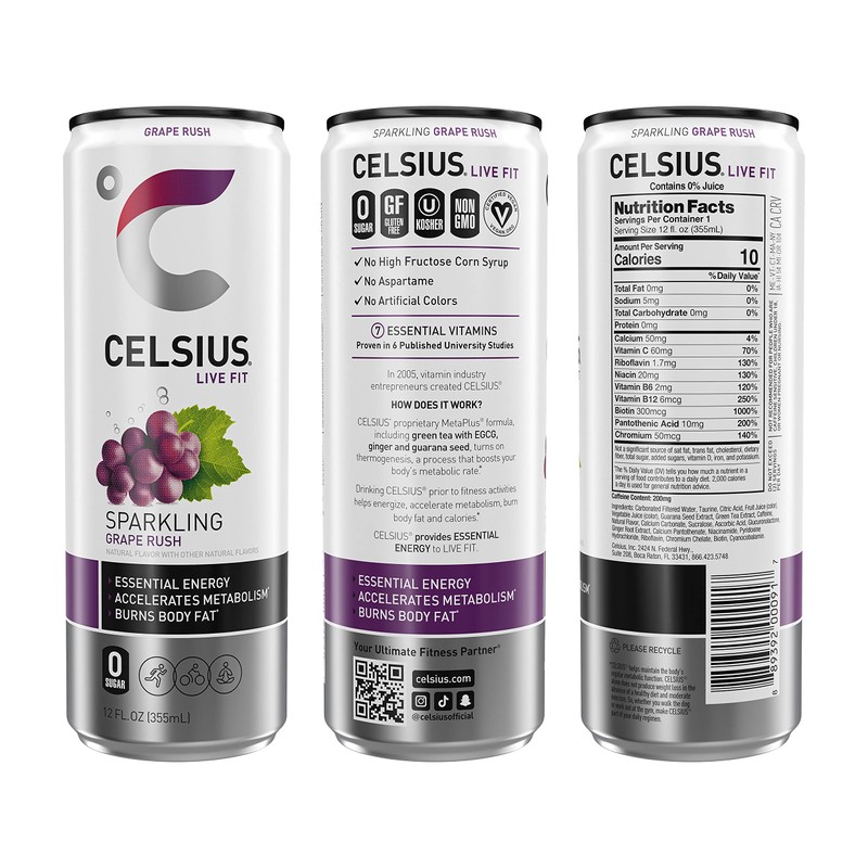 CELSIUS Sparkling Grape Rush, Functional Essential Energy Drink 12 Fl