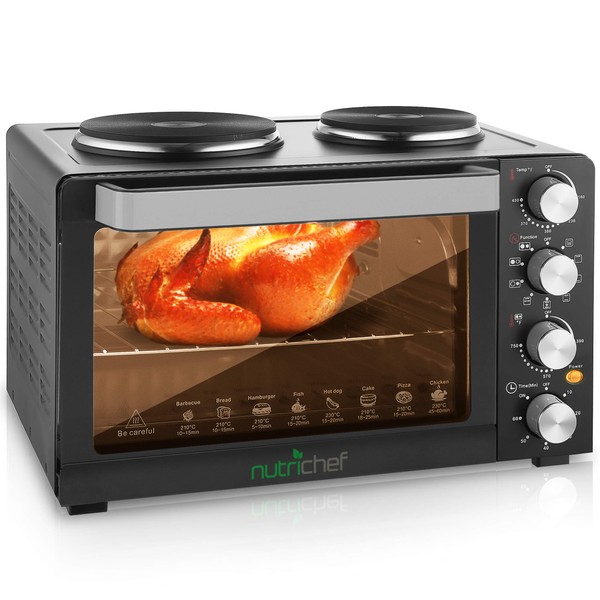 NutriChefKitchen 30 Quarts Kitchen Convection Oven - 1400 Watt Countertop, Rotisserie Roaster Grill, Top Rack, Dual Hot Plates, Toaster, Baking Tray, PKRTO29