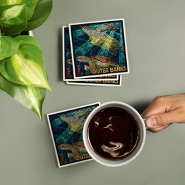 Outer Banks, North Carolina, Sea Turtle Mosaic (Absorbent Ceramic Coasters Set of 4 Matching Images, Cork Back, Kitchen Table Decor)