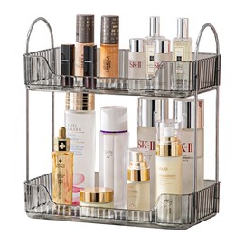 Bathroom Organizer Countertop, Vanity Trays for Bathroom, Skincare Makeup Organizer Tray, Vanity Organizer, Bathroom Counter Organizer for Cosmetics, Toiletries, Lotions, Perfumes (2 Tiers, Grey)
