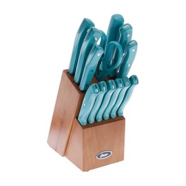 Oster Evansville 14 Piece Stainless Steel Cutting Kitchen Knife Cutlery Set with Wooden Block Holder and Knife Sharpener, Turquoise