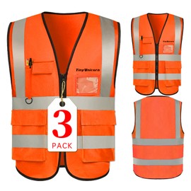 TINYUNICORN 3 Pack Hi Vis Reflective Safety Vest for Men Women, High Visibility Strips Safety Vest with Pockets and Zipper, 26.4"x23.3" Durable Knitting Safety Vest (Orange, Large)
