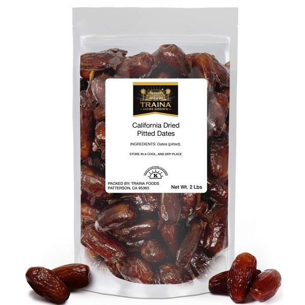 Traina Home Grown California Dried Pitted Dates - No Added Sugar, Non GMO, Kosher Certified, Vegan, Packed in Resealable Pouch (2 lbs)