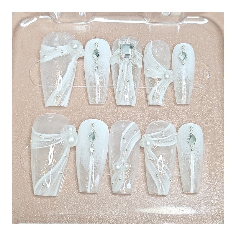 Wedding Chiffon Handmade Nail Tips - Short Oval / 웨딩