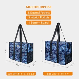 TOPDesign Utility Water Resistant Tote Bag with 13 Exterior & Interior Pockets, Top Zipper Closure & Thick Bottom Support (Blue Bandanna)