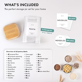 EDELHAUS Glass Storage Containers with Bamboo Lids 37fl.oz [Extra Thick Glas] with 72 Pantry Labels - Canister For Pantry Noodles Flour Cereal Rice Sugar Tea Coffee Beans - Square Set of 4x