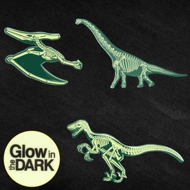 Glow-in-the-Dark Jurassic Dinosaur Skeleton Pins 3 Pack | Veolciraptor, Brashiosaurus, Pteranodon | Dino-Themed Enamel Lapel Pin Set | Accessory for Backpacks Badges Hats Bags | Party Favor and Gift