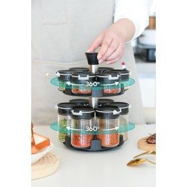 Aurakoa 360 rotating 2 tier jars spice rack (6 small 6 large spice jars) Revolving Seasoning Organizer. Spinning Spice Rack for Counter top and Cabinet WITH Custom Label Stickers.