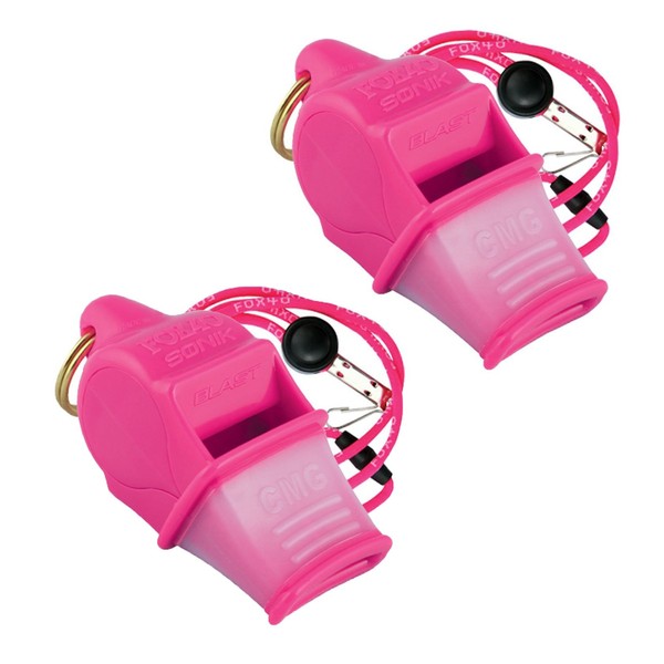Fox 40 Sonik Blast Cushion Mouth Group Sports and Safety Loud Whistle with Lanyard, Pink (2 Pack)