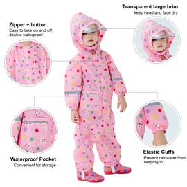 Hovkib Kids Rain Suit Toddler Boys Girls One Piece Raincoats Baby Rain Jackets Breathable Waterproof Coverall Zipper Muddy Suit 2-5 Years