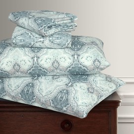 Briarwood Home Printed Flannel Sheet Set, 100% Organic Cotton, Six-Fold Brushed, Super Soft, Warm, Deep Pocket Bedding with NanoTech Infuse for Enhanced Lasting Strength (Damask Navy, Twin)