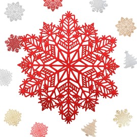 MORAINJAY 2pk Christmas PVC Placemats,Xmas Red Snowflake Place Mats for Dining Table,38cm Round Vinyl Hollow Table Mats Waterproof Oil Non-Slip Washable Heat for Kitchen Wedding Christmas Decor(A)