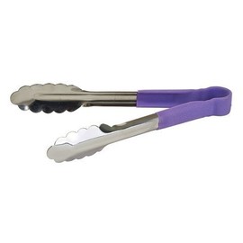 Winco UTPH-9P, 9-Inch Stainless Steel Scalloped Utility Tong With Purple Handle, Allergen Free Kitchen Utility Spring Tong, Barbecue BBQ Grilling Tong (9")