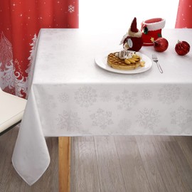 MikiUp Jacquard Rectangle Christmas Tablecloth - Xmas Snowflakes Glitz Metallic Fabric Table Cloth, Waterproof and Washable Holiday Decorative Table Cover for Party, White/Sliver 60 x 120 Inch