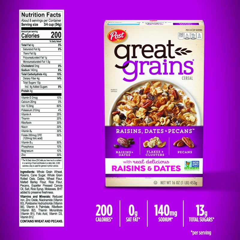Great Grains Raisins Dates and Pecans Breakfast Cereal, Raisin Cereal