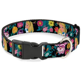 Buckle-Down Plastic Clip Collar - Alice/Cheshire Cat/Flowers Poses Black/Multi Color - 1/2" Wide - Fits 6-9" Neck - Small