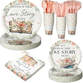 Yungyan 252 Pcs Green Leaves Books Floral Bridal Shower Party Tableware Set Included Plates Napkins Cups Forks Knives Cutlery for Party Decorations Supplies 36 guests