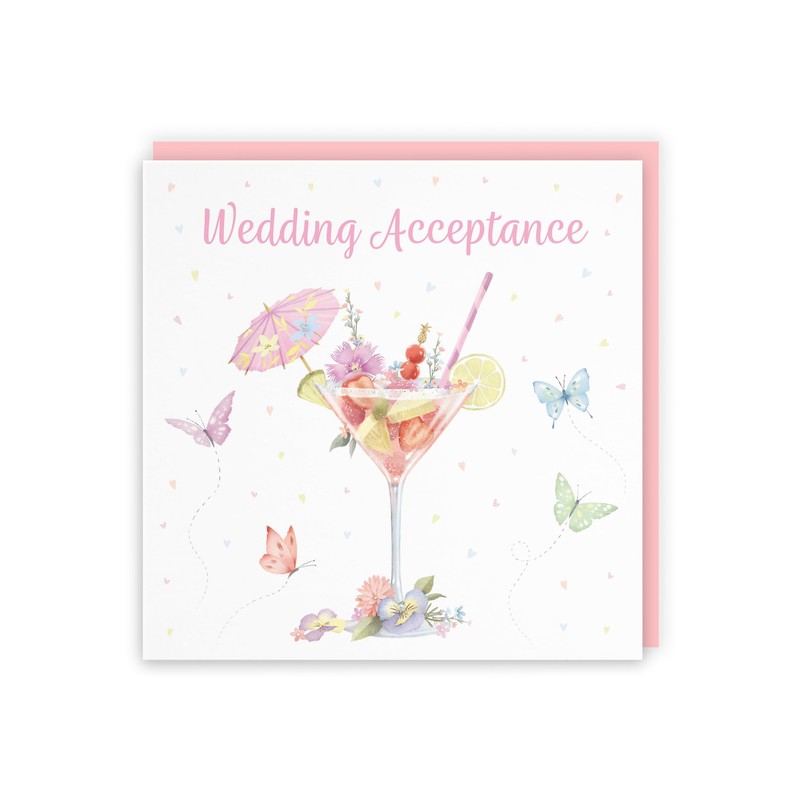 Hunts England - Pink Cocktail And Butterflies Wedding Acceptance Card