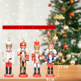 SHATCHI 13cm Wooden Christmas Nutcrackers 4pcs Set - Soldiers King Puppet Moving Parts Figurines Christmas Tree Hanging Decoration Ornaments