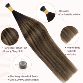 MAXITA I Tip Hair Extensions, 50g/100s, Dark Brown Mixed Chestnut Brown, 14 Inch