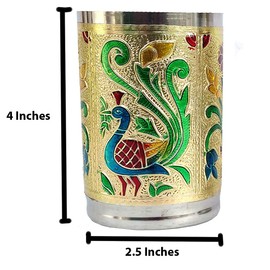 Rastogi Handicrafts Set of 6 Stainless Steel Glass Indian Handmade Meena Patchwork Peacock Design Golden Silver Color Diwali Christmas Tumbler Gift Set item (Golden)
