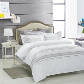 Superior Burlington Cotton 300 Thread Count Duvet Cover Set, Soft Bedding, Comforter Cover, Bedroom Essentials, Embroidered Geometric Decor, Includes 1 Duvet Cover, 2 Pillow Shams, Full/Queen