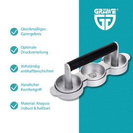 GRÄWE Hamburger Press for 3 Mini Burger Patties, 3 Mini Burger Press Made of Cast Aluminium with Non-Stick Coating and 60 Sheets of Baking Paper